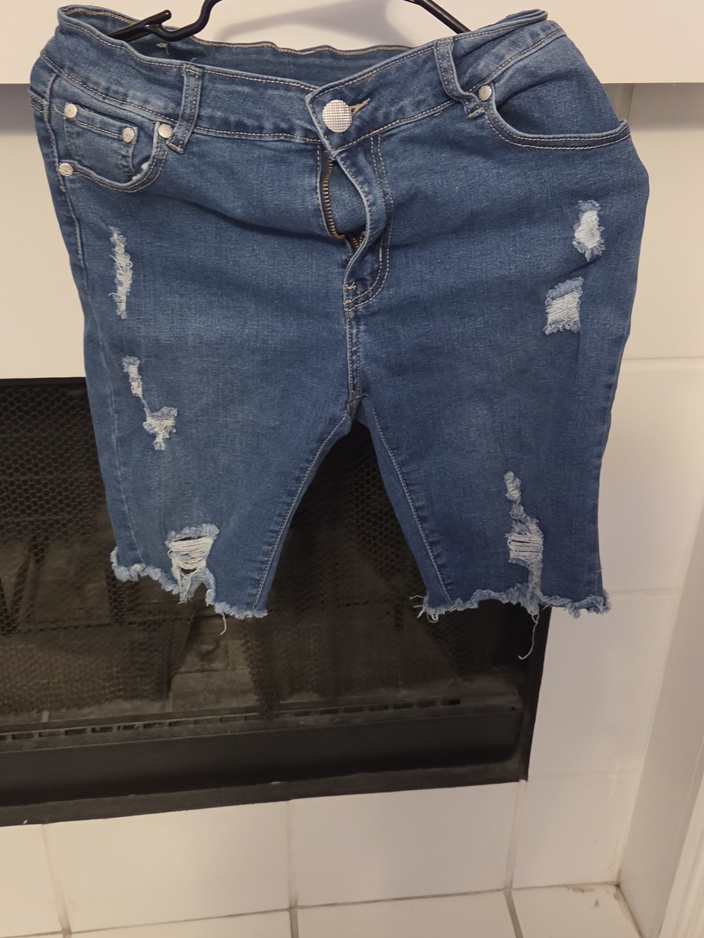 Distressed Mid-Blue Denim Bermuda Shorts